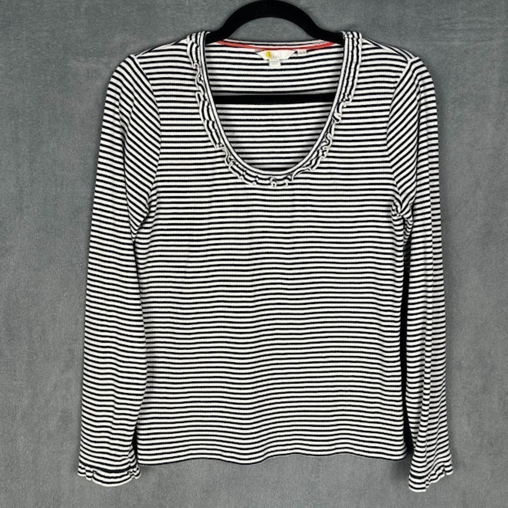 Boden Top Womens 10 Navy White Striped Metallic Ribbed Ruffle Long Sleeve Preppy